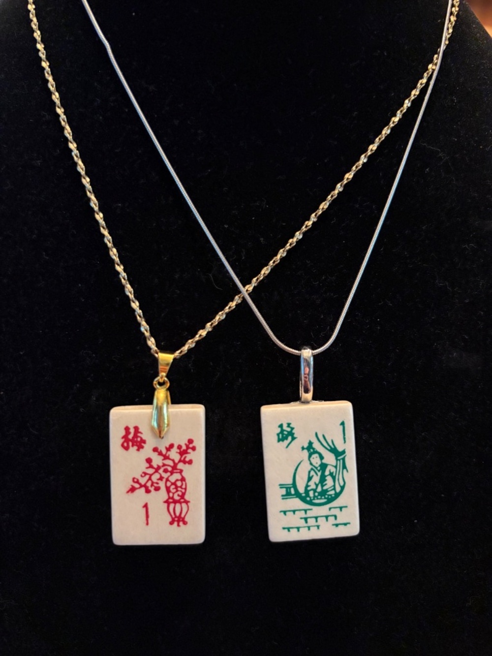 Vintage Mahjong Tile Necklace | Plum Blossom or Fisherman Tile